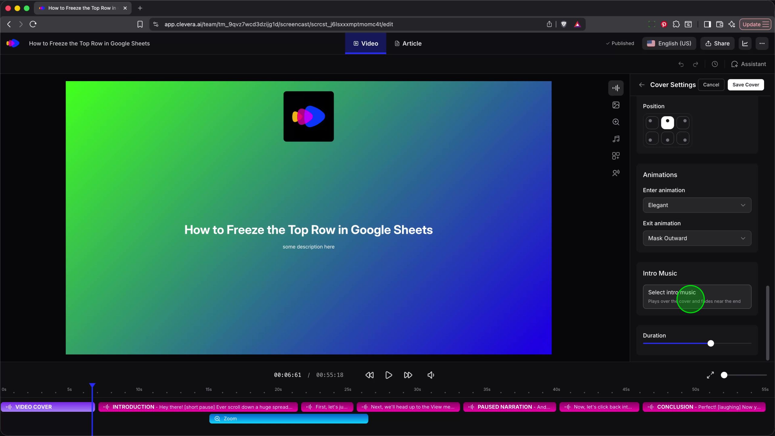 Choosing intro music and adjusting duration